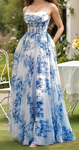 Vestido de fiesta azul glamuroso de gasa con estampado floral, abertura lateral, tirantes finos, estilo Y8277