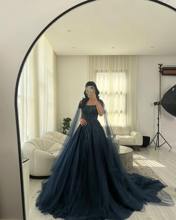 Vestido de gala de lujo azul marino con purpurina, escote cuadrado, tul y mangas largas Y4883