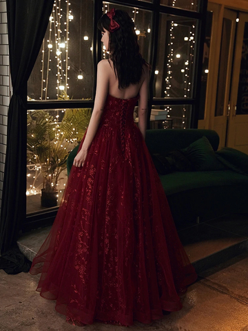 Wine Red Floral Lace and Tulle Long Evening Gown Party Dress Burgundy Formal Dresses Y1661