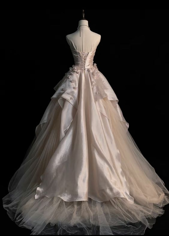 Vestido de noche de tul rosa sin tirantes, corte en A, estilo glamuroso Y6761