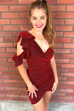 Robe de bal courte bordeaux asymétrique à épaules volantées Y2830