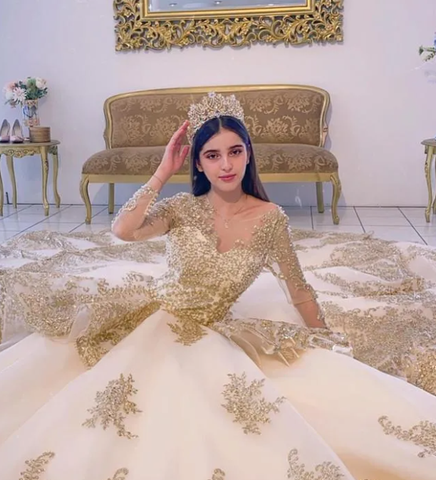 Robe de bal champagne à volants, robe de quinceañera, ornée de sequins et de perles, manches longues, robe de princesse de soirée Y4952