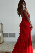 Vestido largo de noche elegante con volantes rojos Y6823
