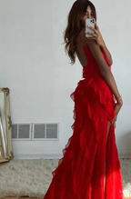 Vestido largo de noche elegante con volantes rojos Y6823