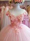 Robe de bal romantique en tulle rose avec appliques Y2685