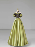 Robe de bal chic en satin vert ornée d'un nœud en dentelle et de perles, épaules dénudées, Y7745