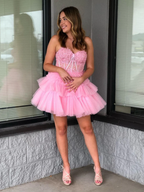 Vestido de fiesta de línea A con escote corazón y volantes Y2828