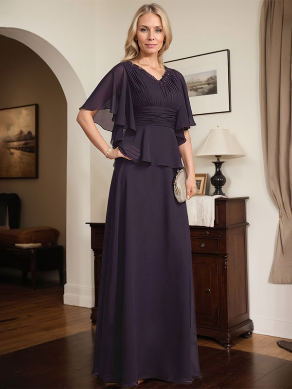 Vestido de gasa de corte A, escote en V, largo hasta el suelo, para la madre de la novia, con plisados ​​y cuentas.