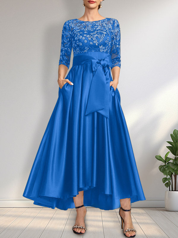 Vestido de madrina de la novia, corte asimétrico, escote ilusión, satén y encaje, con lazo.
