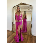 Robe de bal longue à bretelles spaghetti et paillettes orange avec fente