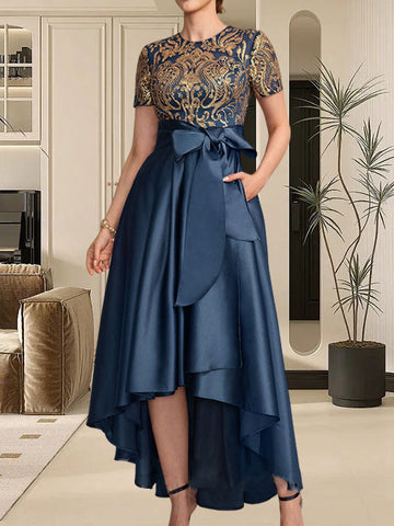 A-line Scoop Asymmetrical Satin Sequin Lace Mother of the Bride Dress With Bow