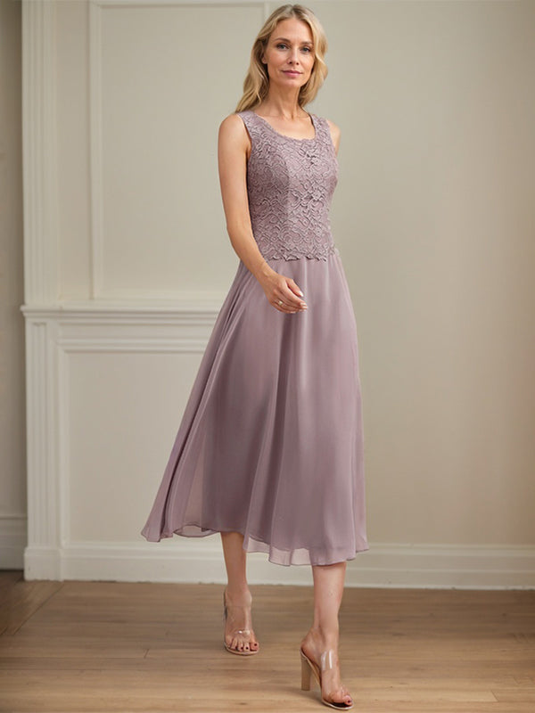 Vestido de corte A con escote redondo y largo hasta la rodilla en gasa de encaje para la madre de la novia 