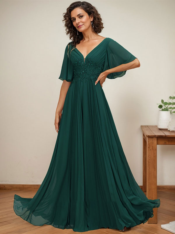 Vestido de corte A, escote en V, largo hasta el suelo, de gasa, para la madre de la novia, con apliques de lentejuelas y encaje plisado. 