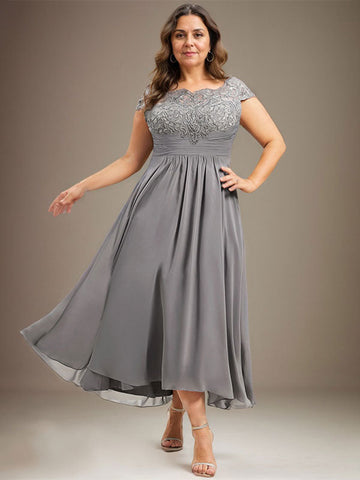 A-line Scoop Illusion Asymmetrical Lace Chiffon Mother of the Bride Dress With Pleated
