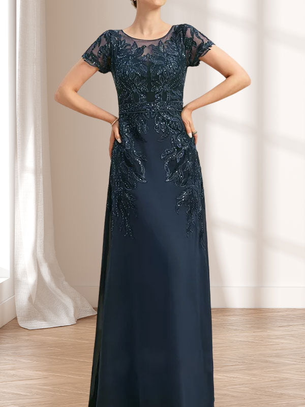 Vestido de novia de corte recto/columna, escote redondo, ilusión, largo hasta el suelo, de encaje y gasa con lentejuelas.