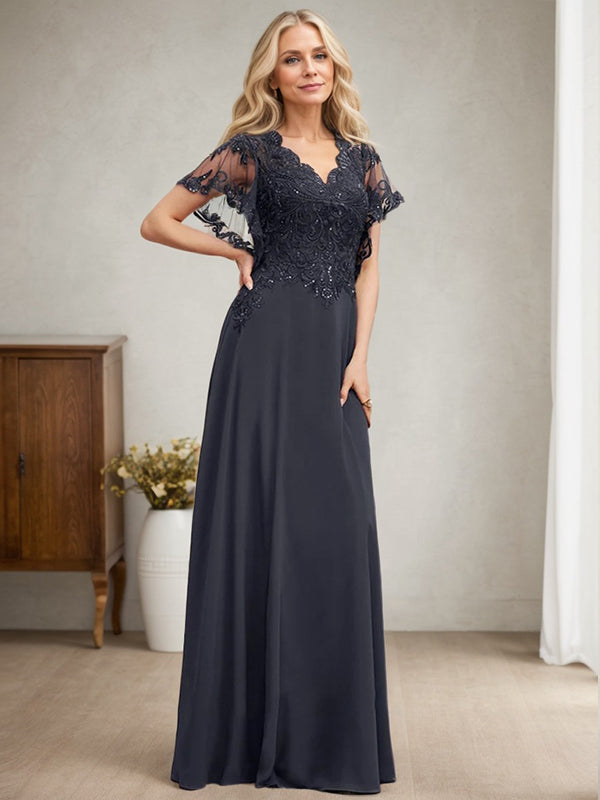 Vestido de novia de corte A, escote en V, largo hasta el suelo, de gasa de encaje con lentejuelas para la madre de la novia 