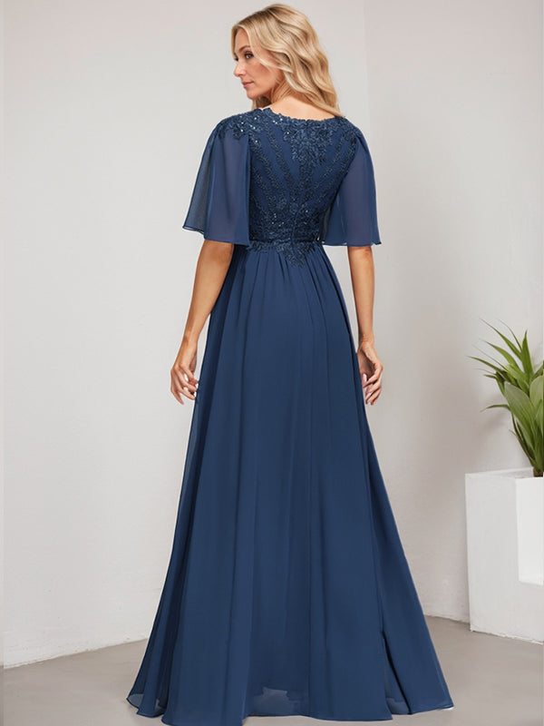 Vestido de novia de corte A, escote en V, largo hasta el suelo, de gasa de encaje con lentejuelas para la madre de la novia 