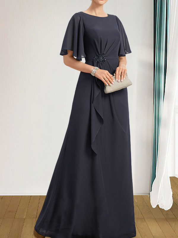 Robe de mariée trapèze en mousseline de soie, longue jusqu'au sol, ornée de volants cascade, de perles et de sequins, idéale pour la mère de la mariée.