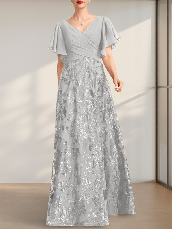 Vestido de novia de corte A, escote en V, largo hasta el suelo, de encaje, lentejuelas y gasa, con pliegues.