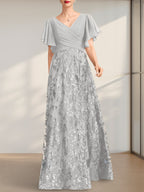 Vestido de novia de corte A, escote en V, largo hasta el suelo, de encaje, lentejuelas y gasa, con pliegues.