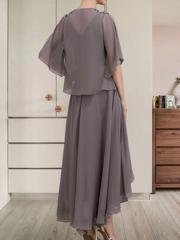Vestido de corte A, escote en V, asimétrico, de gasa, para la madre de la novia, con lentejuelas y pedrería.