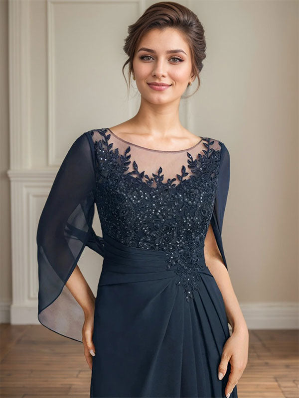 Robes de mère de la mariée longues, coupe trapèze/décolleté princesse, avec plis et sequins 