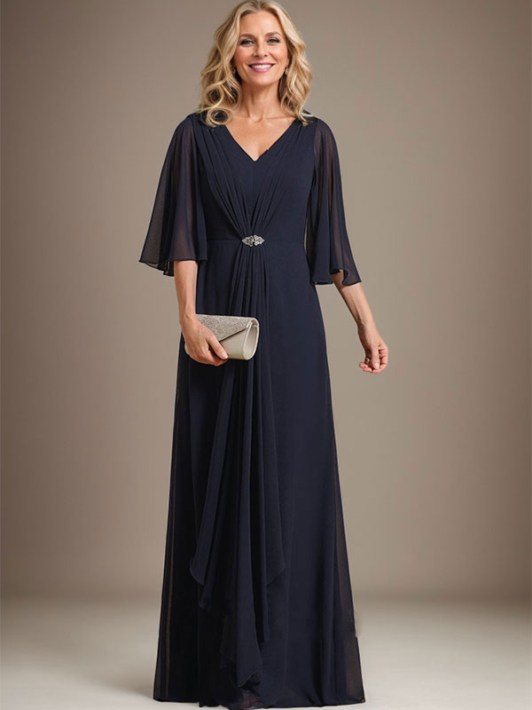 Vestido de corte A, escote en V, largo hasta el suelo, de gasa, para la madre de la novia, con volantes en cascada y broche de cristal. 
