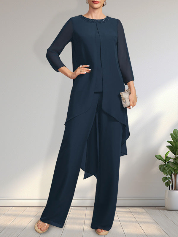 Vestido de dos piezas para la madre de la novia: mono/pantalón de gasa con escote redondo y largo hasta el suelo, adornado con lentejuelas y pedrería.