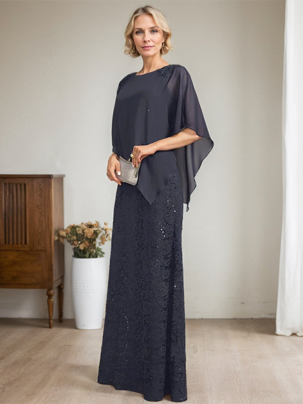 Robe fourreau/colonne longue en mousseline de soie et dentelle, ornée de sequins et de perles, pour la mère de la mariée.