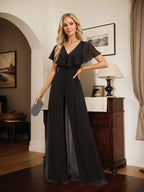 Combinaison-pantalon robe de soirée longue en mousseline à col en V