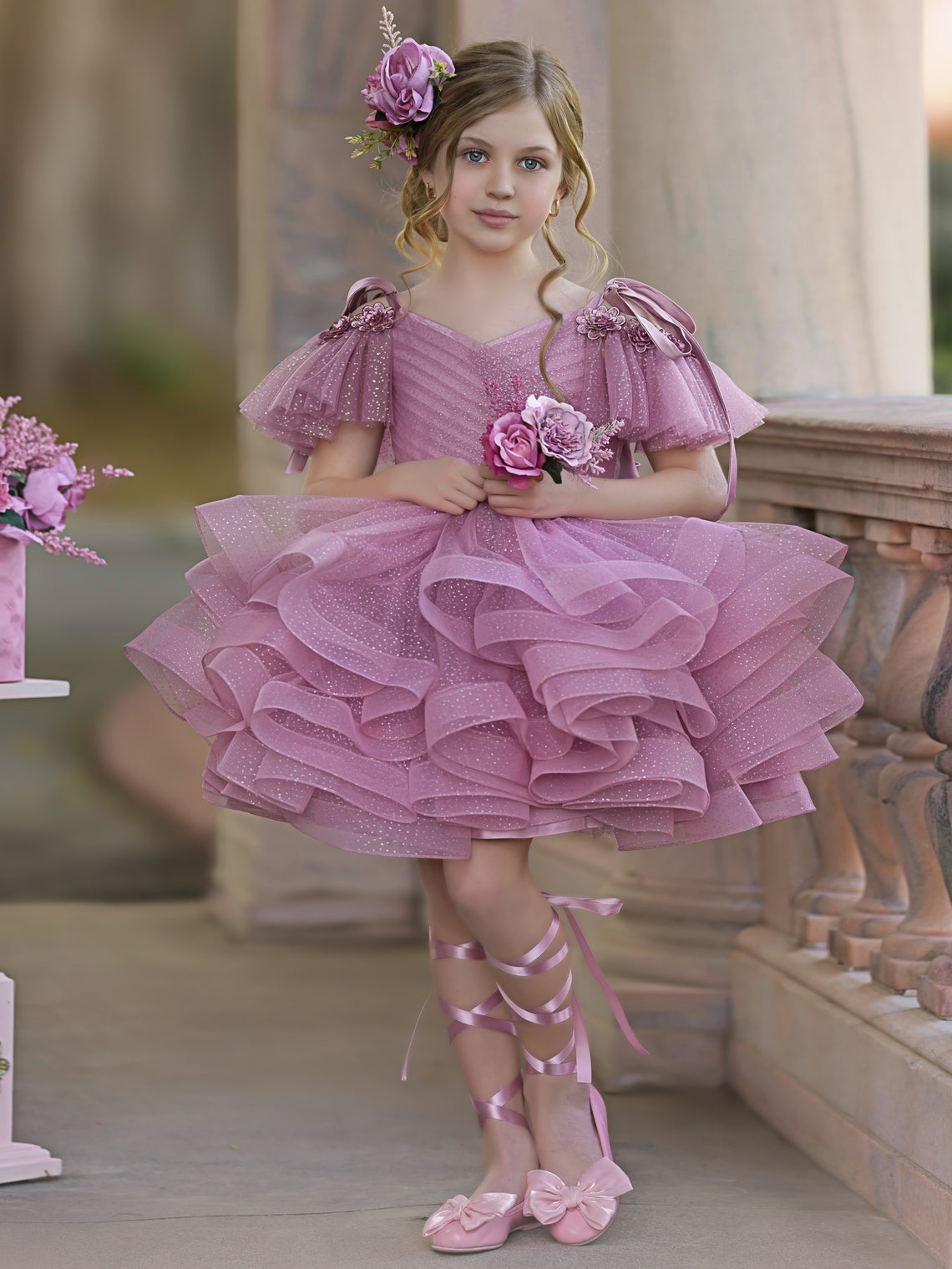 Vestido de princesa/vestido de tul hasta la rodilla para niña de las flores de cumpleaños
