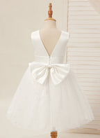 Vestido de princesa/vestido de princesa de satén y tul hasta la rodilla para niña de las flores 