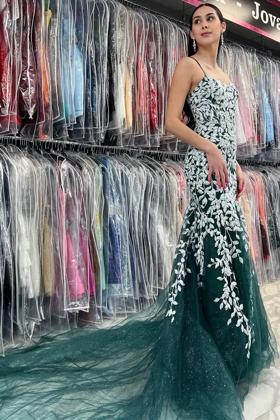 Mermaid Spaghetti Straps Lace Tulle Prom Dress