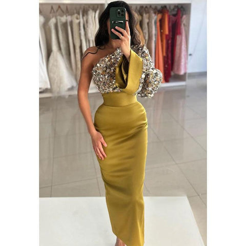 Sequins One Shoulder Green Long Sleeves Prom Dress Evening Gowns