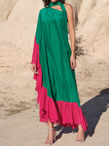 Vestidos largos de noche asimétricos, sueltos, con pliegues en contraste, abertura lateral y un solo hombro. 