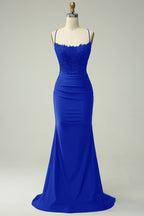 Mermaid Spaghetti Straps Royal Blue Long Prom Dress with Appliques