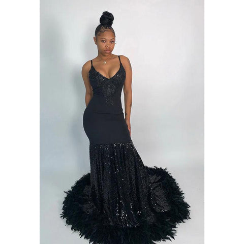 V-Neck Appliqued Sequins Feather Satin Mermaid Long Prom Evening Dress