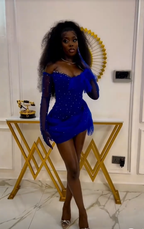 Impresionante vestido de cóctel azul real de tul con cuentas, minivestido de fiesta, vestido de graduación Y7710