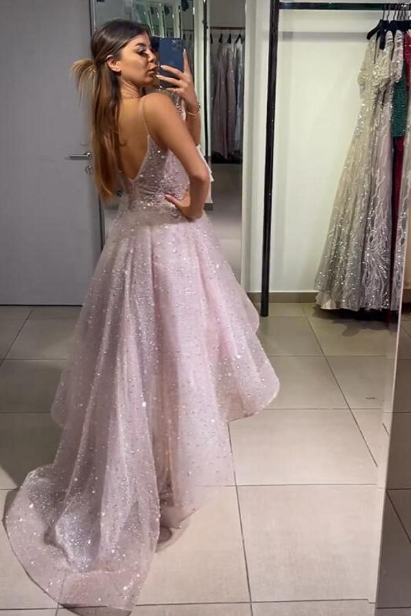 Robe de bal sans manches à col en V, couleur jonquille, coupe asymétrique, ornée de sequins et de perles
