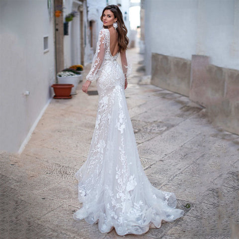 Luxury Backless Tulle Mermaid Wedding Dresses 2022 Long Sleeve Lace Appliques V-neck White Bridal Gown vestidos de novia