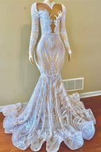 Vestido de sirena de fiesta con apliques de lentejuelas blancas, encaje y mangas largas.