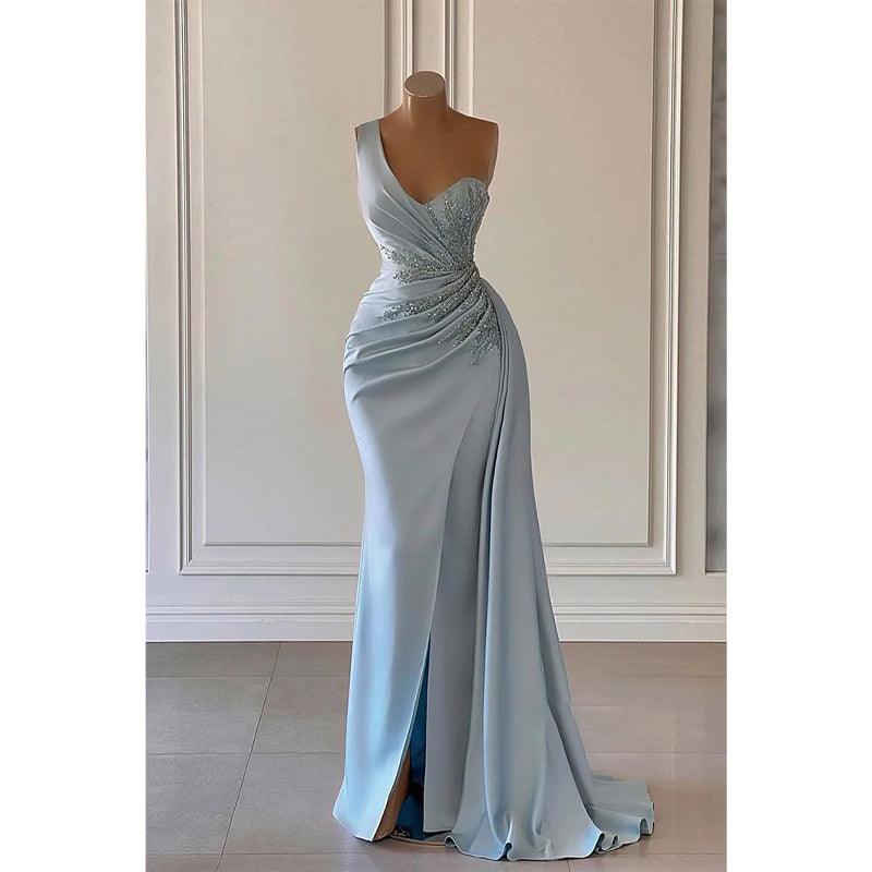 Vestido de noche largo con pliegues y cuentas, de un solo hombro y corte tubo/columna 