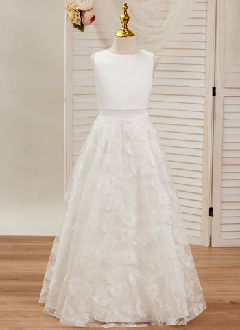 A-line Lace Satin Floor-length Ivory Dress (010146741)