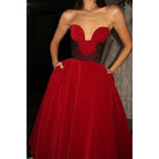 Vestido de noche sexy de corte A sin tirantes, sin mangas, con apliques de encaje y bolsillos para fiesta de graduación 