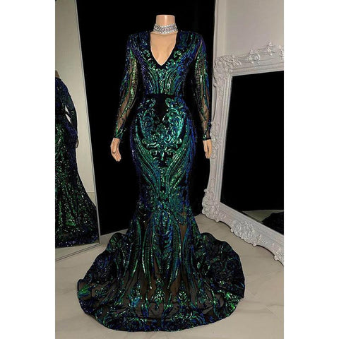 Robe de soirée sirène glamour et spectaculaire à paillettes sans manches