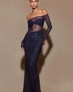 Robe de bal élégante à une épaule ornée de strass 