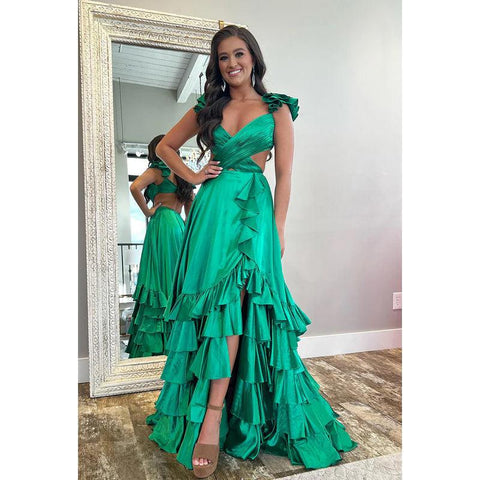 Robe de soirée trapèze simple et décontractée, à volants, col en V, fente latérale, sans manches