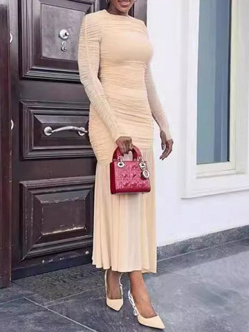 Vestidos largos de noche ajustados, plisados, transparentes, de color liso, con abertura en la entrepierna y cuello redondo. 