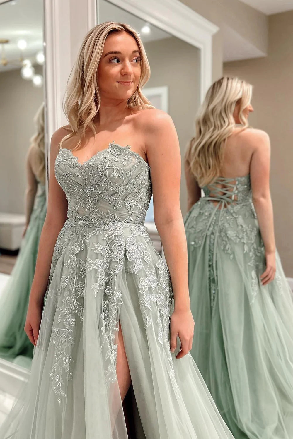 Vestidos largos de fiesta de corte A con escote corazón, tul verde salvia y encaje