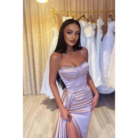 Vestido largo de noche de fiesta sin tirantes, con lentejuelas y fruncido, corte sirena, de satén.